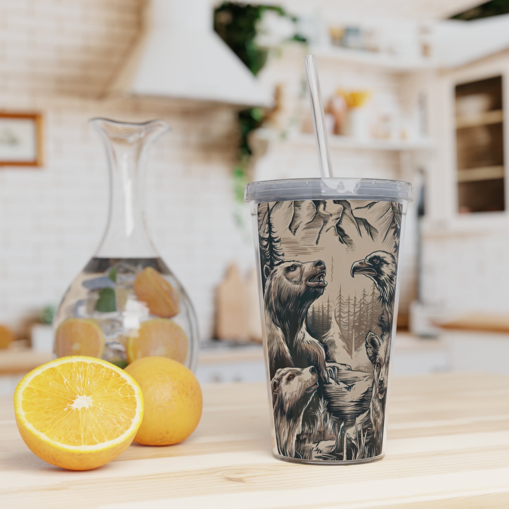 Wildlife Illustration Plastic Tumbler with Straw Printify