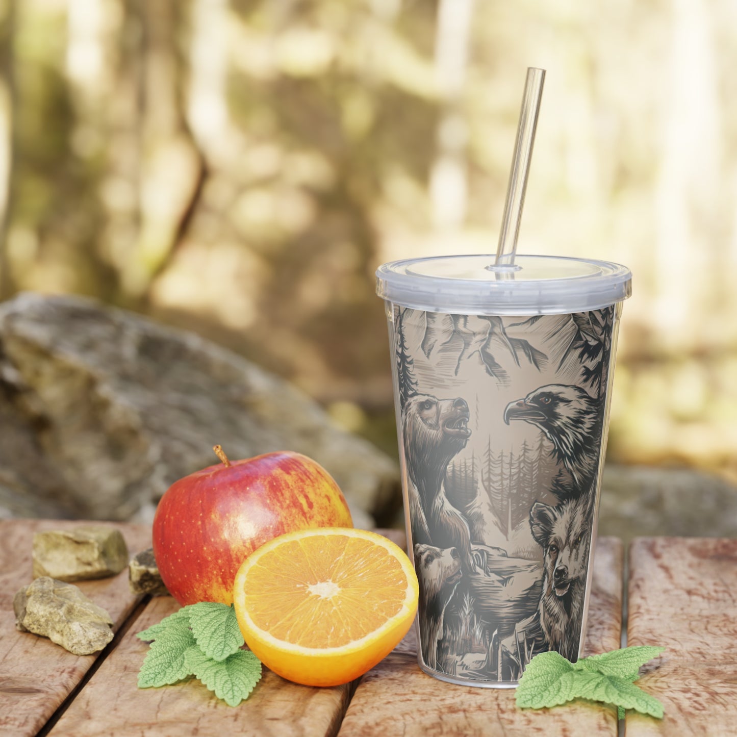 Wildlife Illustration Plastic Tumbler with Straw Printify