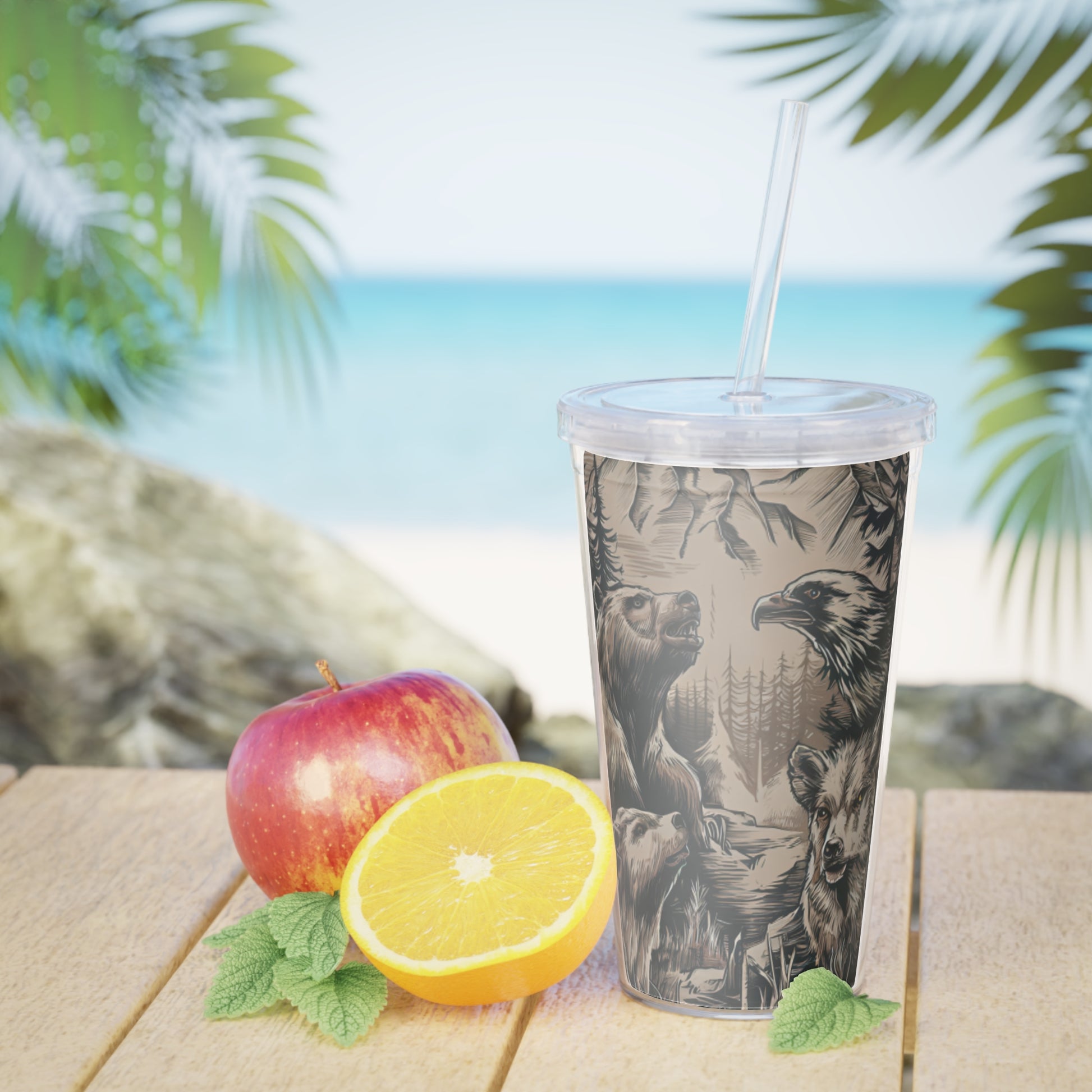 Wildlife Illustration Plastic Tumbler with Straw Printify